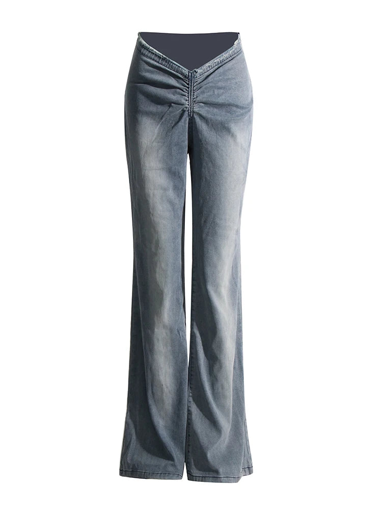 Casual Minimalist Jeans For Women High Waist Full Length Patchwork Folds Solid Flare Pant Female Fashion Clothing
