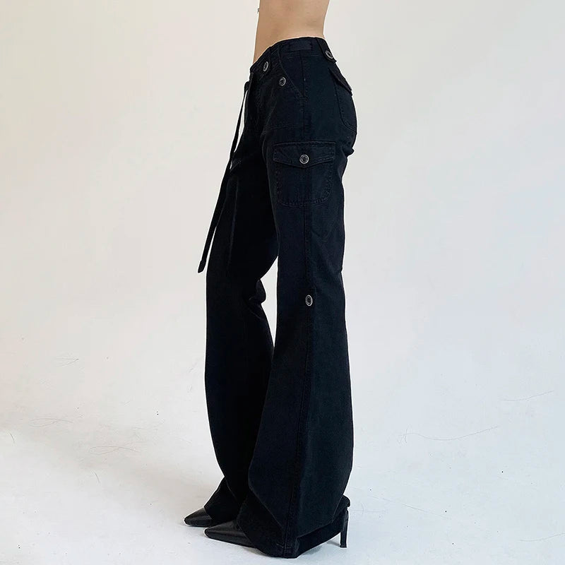 Vintage Y2K Chic Brown Low Waisted Flared Jeans Stitched Streetwear Grunge Denim Trousers Korean Boot Cut Pants Slim