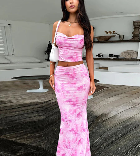 Strapless Print Sexy Two Piece Sets Women Spaghetti Strap Crop Tops And Maxi Skirt Female Elegant Printed 2 Piece Sets
