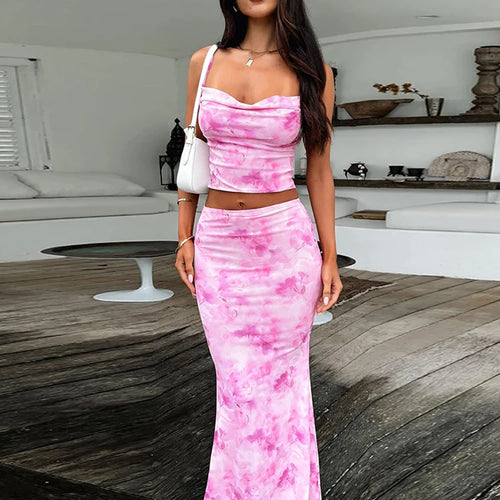 Load image into Gallery viewer, Strapless Print Sexy Two Piece Sets Women Spaghetti Strap Crop Tops And Maxi Skirt Female Elegant Printed 2 Piece Sets
