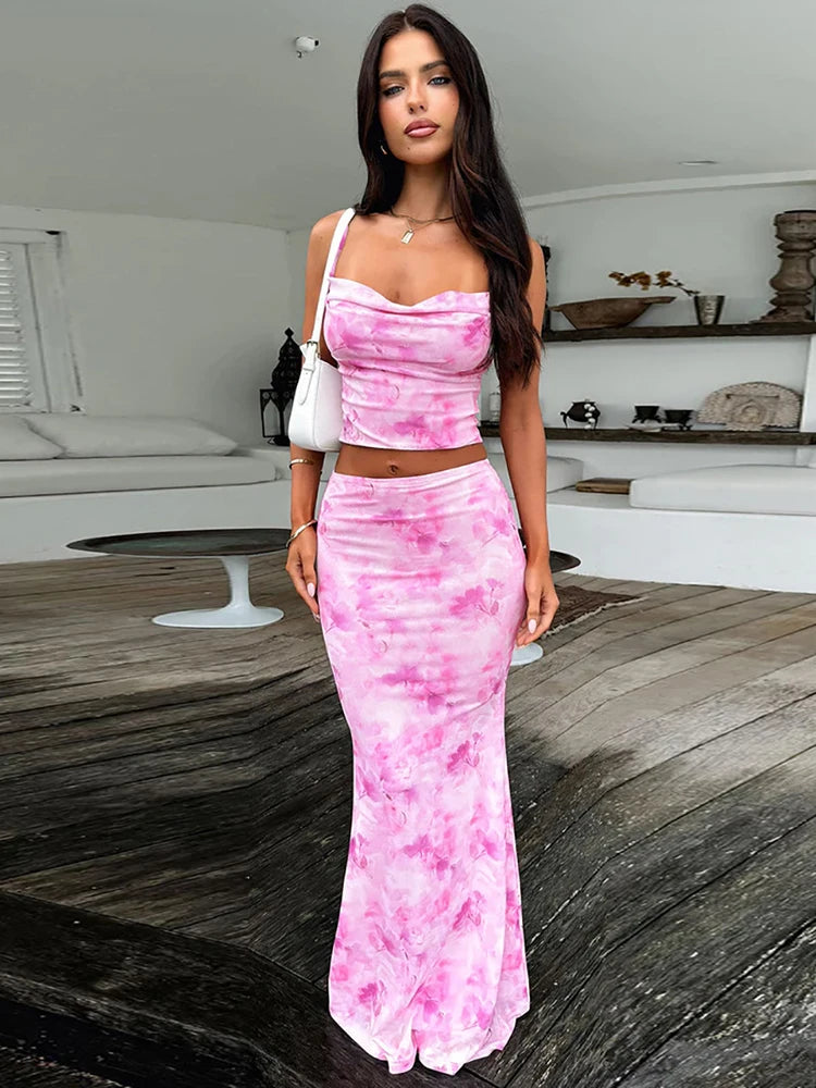 Strapless Print Sexy Two Piece Sets Women Spaghetti Strap Crop Tops And Maxi Skirt Female Elegant Printed 2 Piece Sets