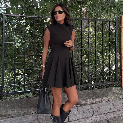 Load image into Gallery viewer, Half High Collar Sleeveless Sexy Mini Dress For Women Fashion Solid Red High Waist A-line Club Pleated Sexy Dress
