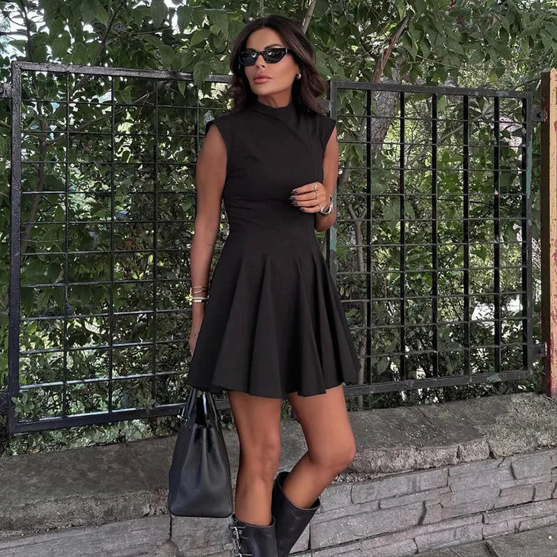 Half High Collar Sleeveless Sexy Mini Dress For Women Fashion Solid Red High Waist A-line Club Pleated Sexy Dress