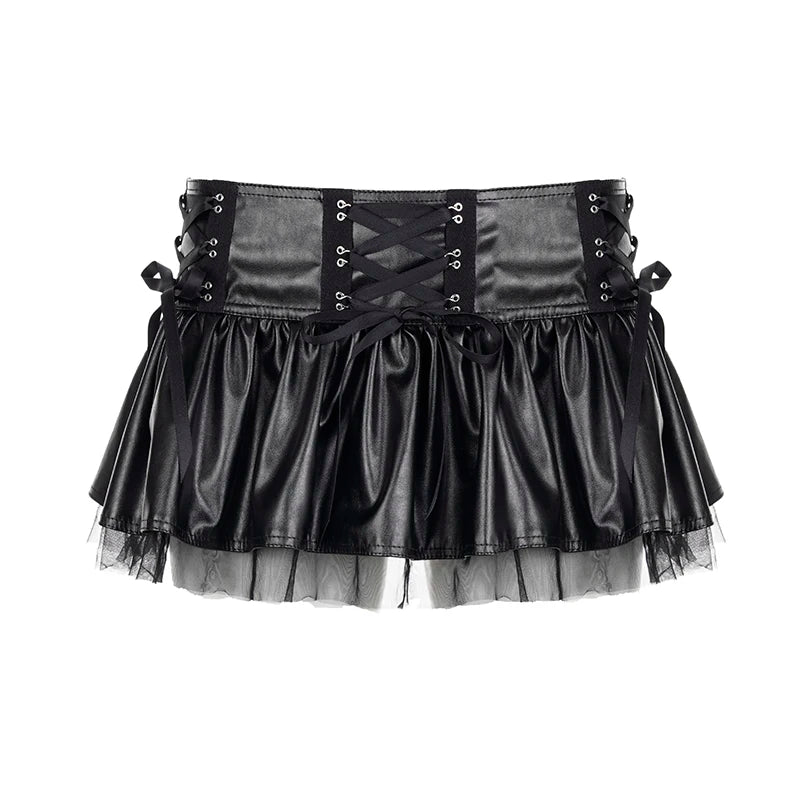 Dark Academia Fishnet Spliced Leather Skirt Women Folds Micro Gothic Party Halloween Pleated Skirt Mini Lace Up Hook