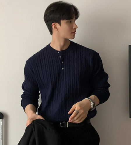 Round Collar Male Pullover Sweaters Casual Button Solid Color Warm Men Knitting Pullovers Korean Stylish Spring 9C4835