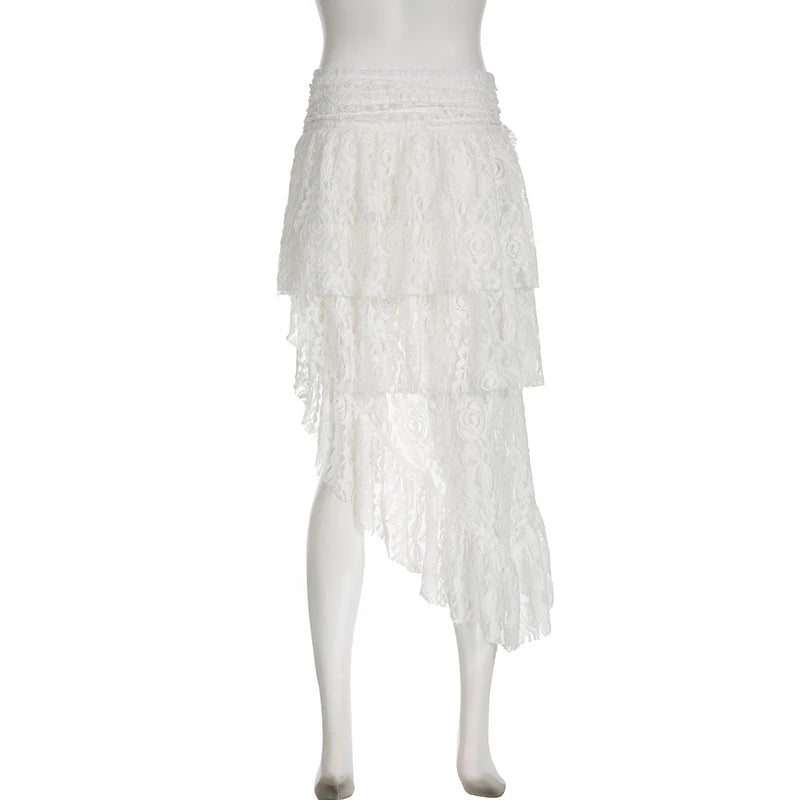 Fashion Design White Summer Lace Skirt Female Asymmetrical Romantic Ruffles Short Skirts Flower Fold Party Retro