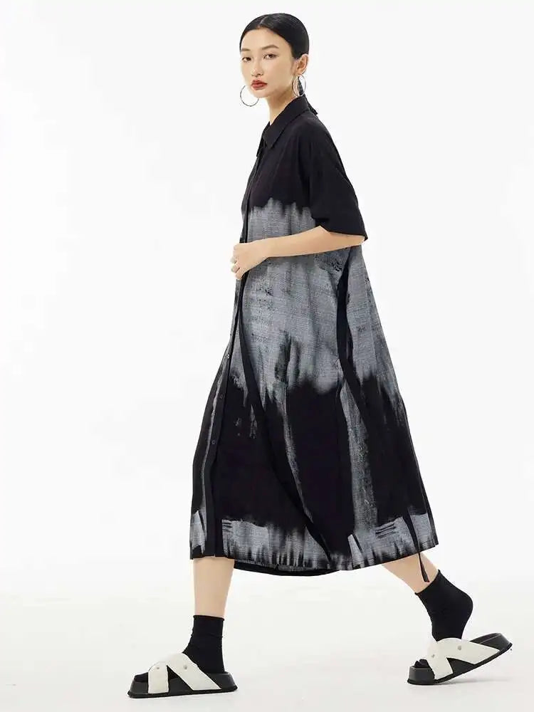 Women Green Pattern Printed Belted Big Size Shirt Dress New Lapel Short Sleeve Fashion Tide Spring Summer 2025  1DH5759