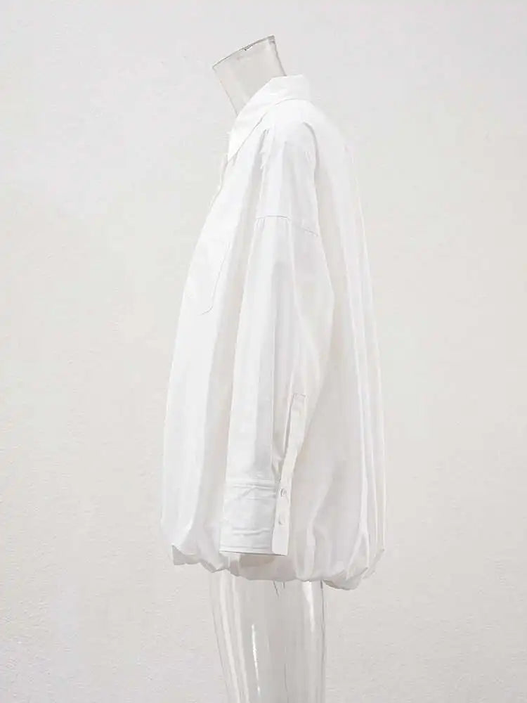 Women White Hem Elastic Big Size Elegant Blouse New Lapel Long Sleeve Shirt Fashion Tide Spring Autumn 2025 CPDB215