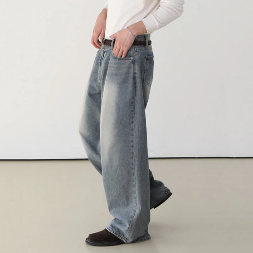 Load image into Gallery viewer, Korean Style Men&#39;s Denim Pants Worn-out Wshing Straight Casual Trousers Wide Leg Loose Solid Color Male Jeans 9C6909
