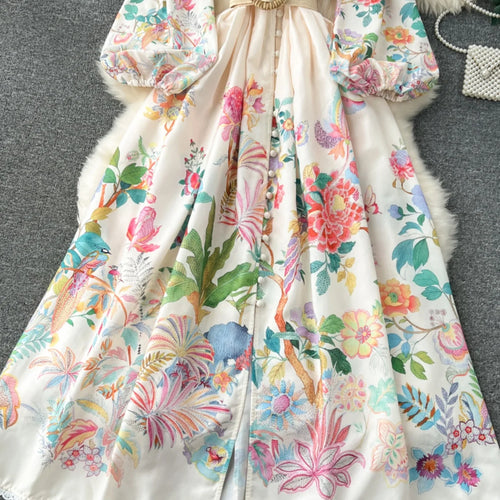 Load image into Gallery viewer, French Vintage Women Autumn Sweet Beige Flower Lace Elegant Long Sleeve Princess Dresses Ladies Party V-neck Evening Dress Boho
