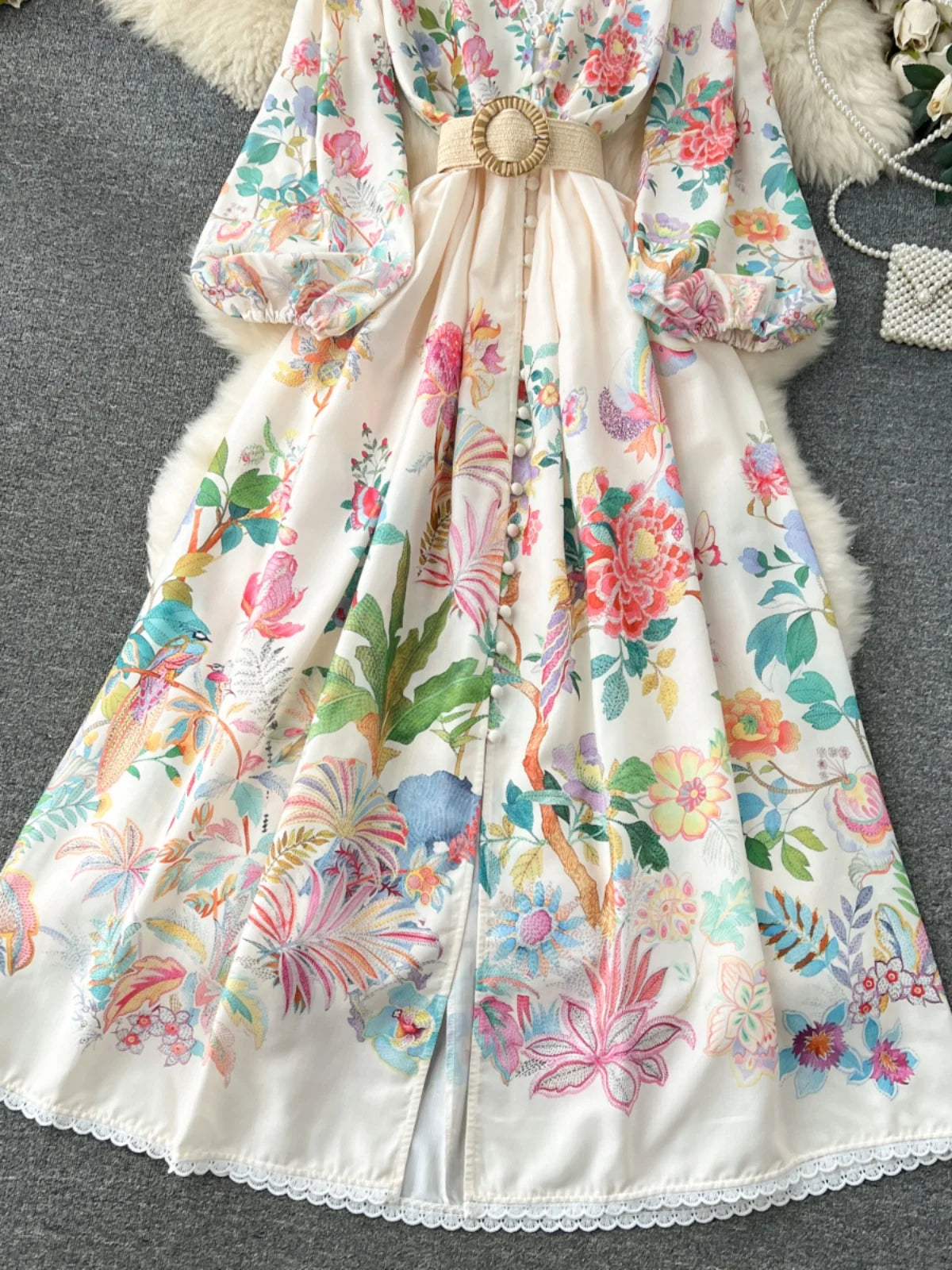 French Vintage Women Autumn Sweet Beige Flower Lace Elegant Long Sleeve Princess Dresses Ladies Party V-neck Evening Dress Boho