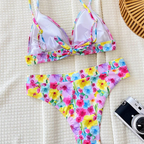 Load image into Gallery viewer, Halter V Neck Swimwear Floral Bikini Sets 2024 Sexy Women Swimsuit High Waist Biquini Flower Print Bathing Suit
