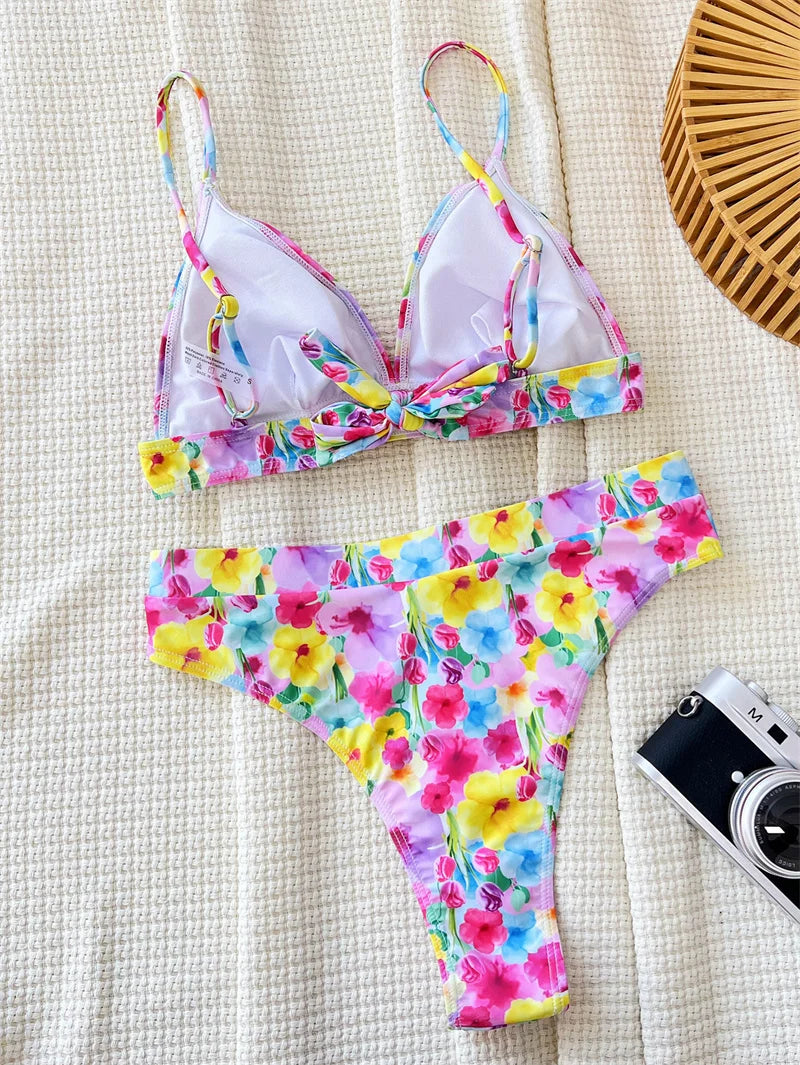 Halter V Neck Swimwear Floral Bikini Sets 2024 Sexy Women Swimsuit High Waist Biquini Flower Print Bathing Suit