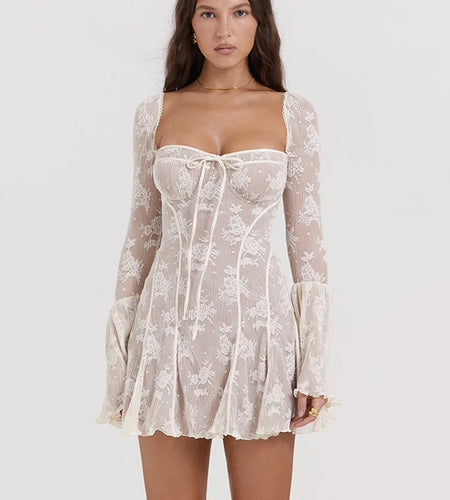 Elegant Print Mini Dress For Women Autumn Winter New Square Collar Long Sleeve Backless Loose Club Party Sexy Dress