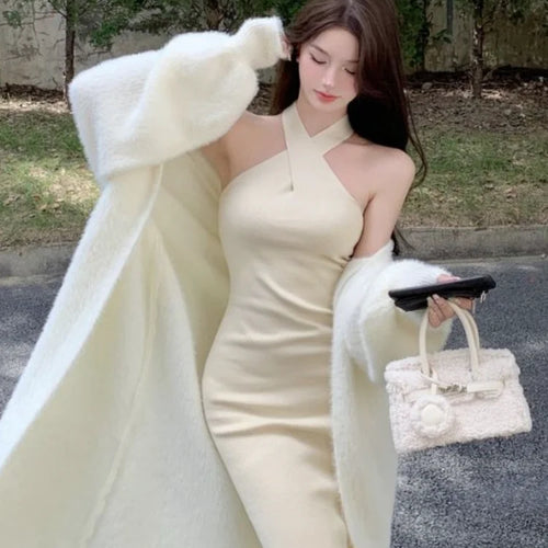 Load image into Gallery viewer, Autumn Winter Knitted Knit Halter Sweater Dress Bodycon Elegant Korean Fashion Off Shoulder Dresses
