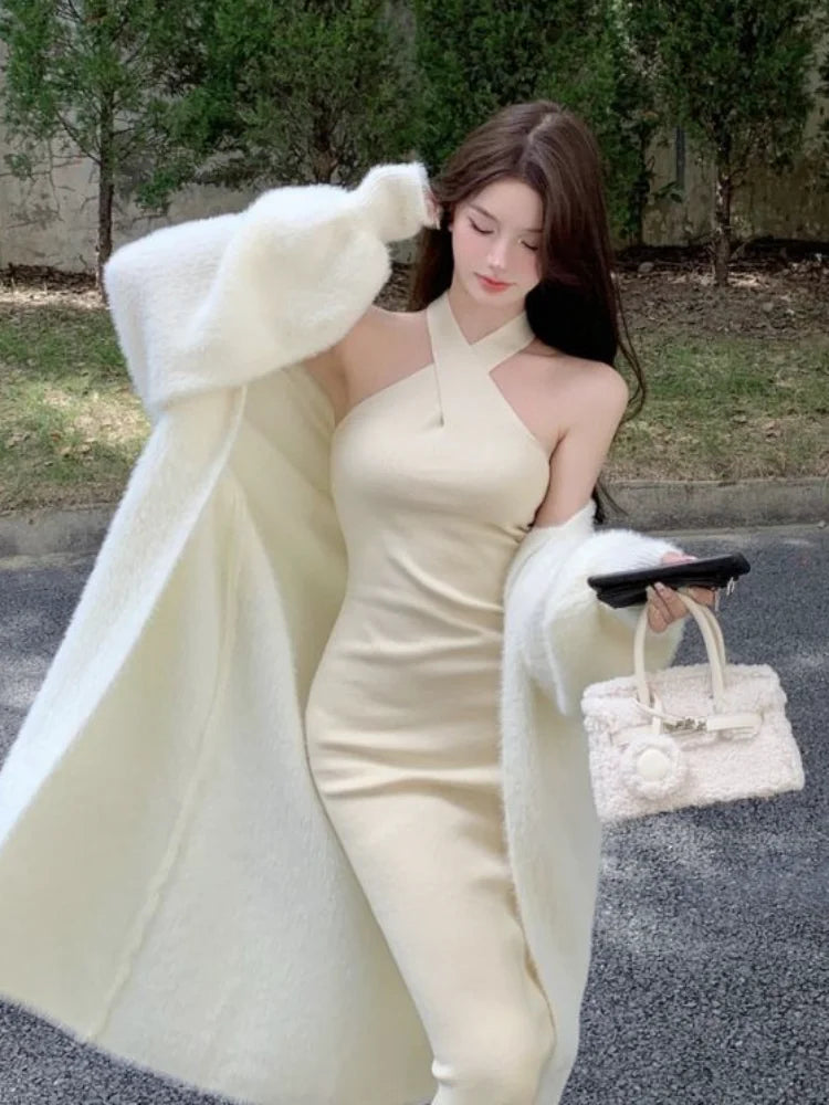Autumn Winter Knitted Knit Halter Sweater Dress Bodycon Elegant Korean Fashion Off Shoulder Dresses