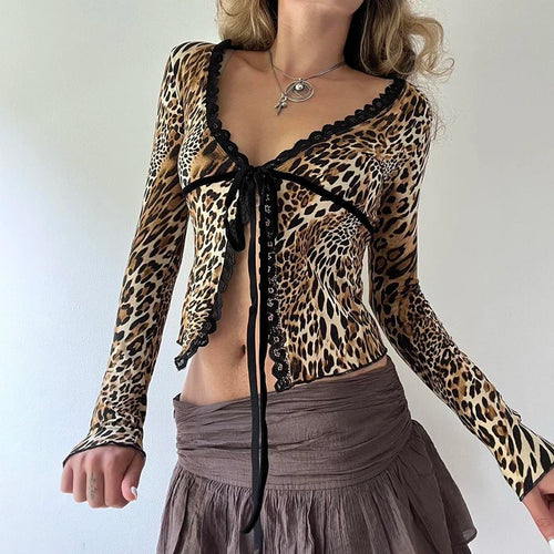 Load image into Gallery viewer, Vintage Fashion Leopard Sexy Women T-shirts Lace Trim Slim Y2K Aesthetic Tie-Up Split Cropped Tops Spring Shirt Chic
