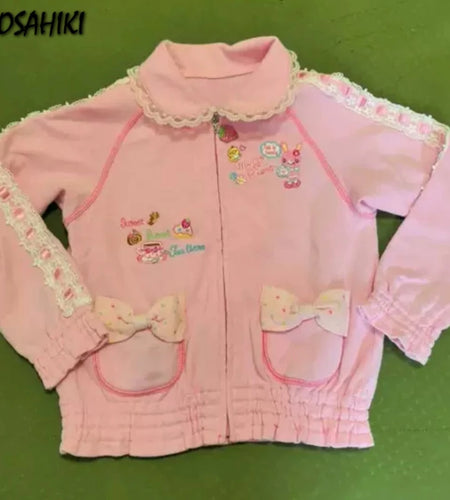 2025 Japanese Kawaii Cartoon Embroidery Coat Women Lace Patchwork Cute Pocket Bow Jacket Y2k Aesthetic Girls Sweet Loose Outwear