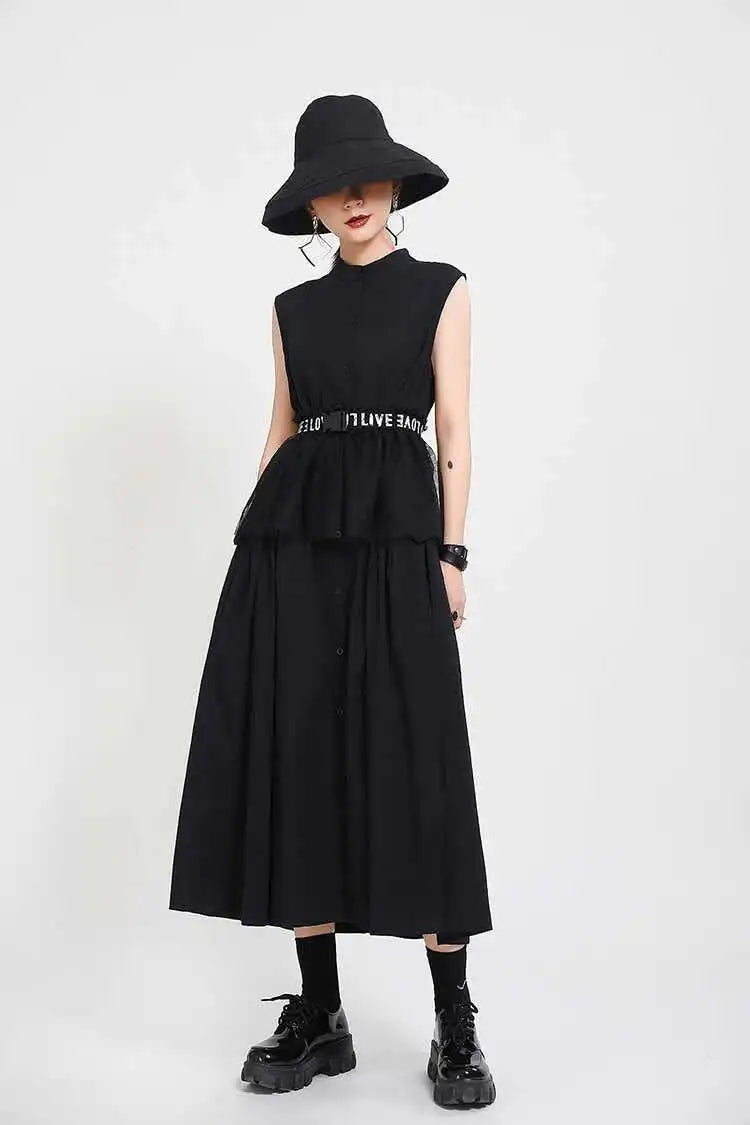 Women Khaki Split Pleated Long  Dress New Stand Collar Sleeveless Loose Fit Fashion Tide Spring Summer 2025 1Y353