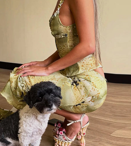 Print See Through Women 2 Piece Set Y2K Ruffles Patchwork Camisole+Tierred Skirt Matching Vacation Sexy Midnight Clubwear