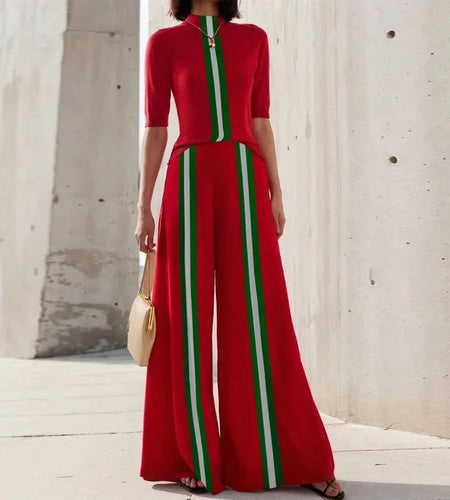 Summer Contrast Color Two Piece Sets Womens Outifits Skinny Tops Wide Leg Long Pant Sets Clothes for Woman