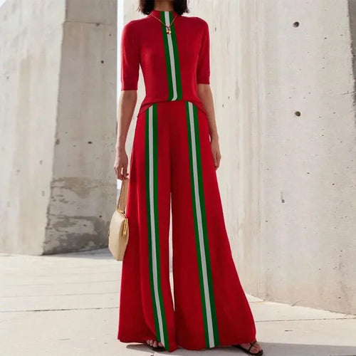 Load image into Gallery viewer, Summer Women Leisure Contrast Color Stripe Skinny T-Shirts Red Half Sleeves Mock Neck Woman Tops Office Lady
