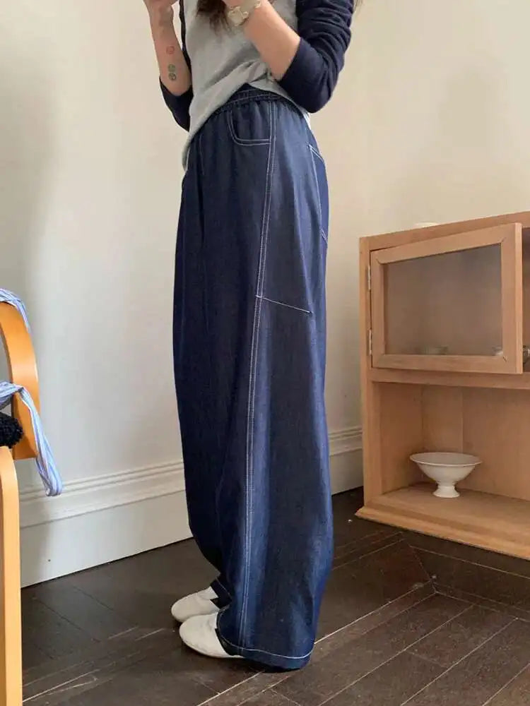 High Elastic Waist Navy Blue Long Casual Denim Wide Leg Pants New Trousers Women Fashion Tide Spring Autumn 2025 1DJ0357