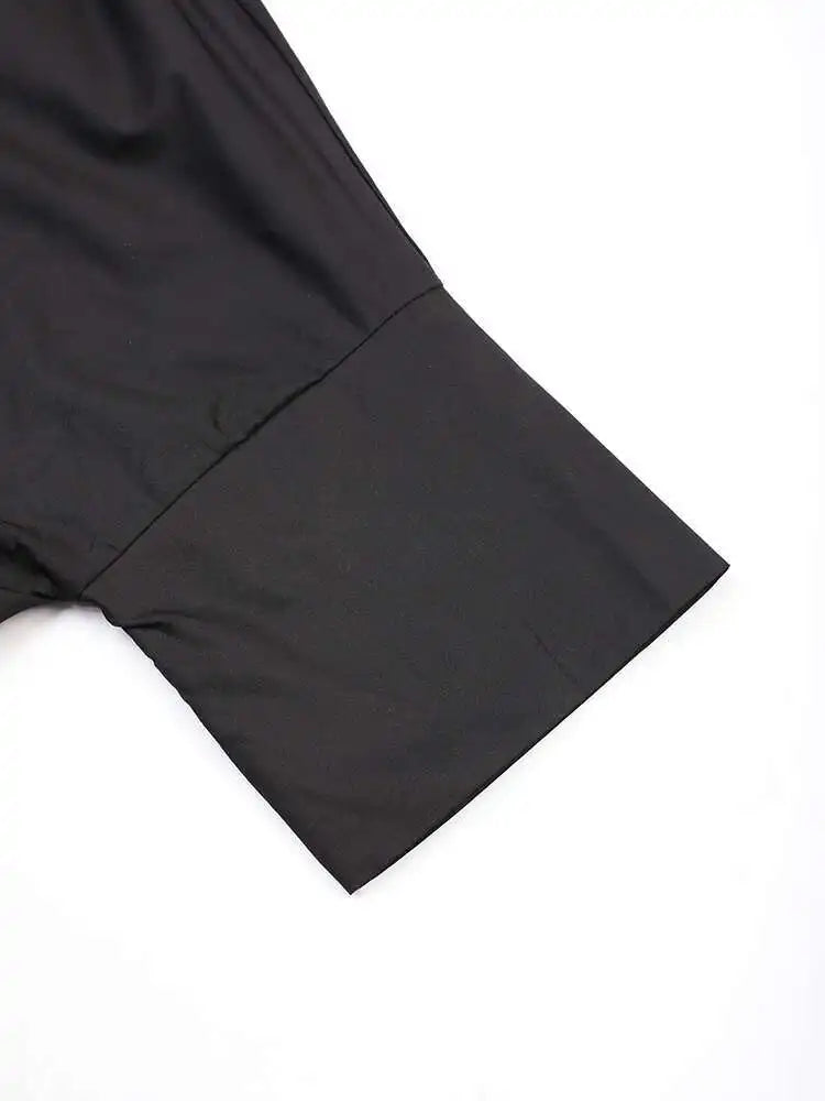 Women Black Striped Color-block Big Size Midi Shirt Dress New Lapel Long Sleeve Fashion Tide Spring Autumn 2025 1DD0068