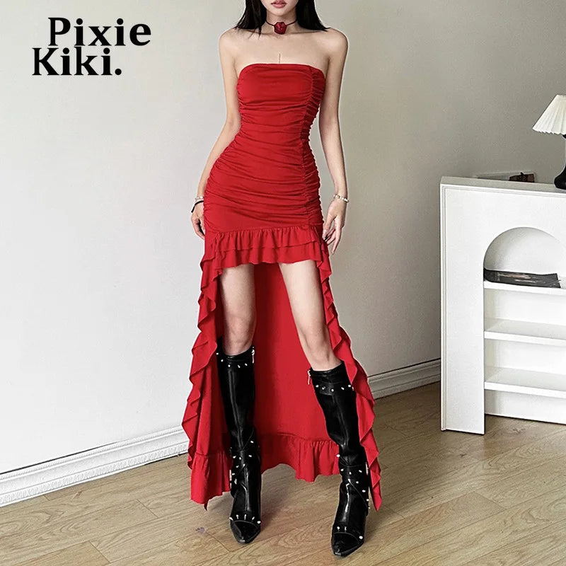 Irregular Ruffled High Low Dress Black Red Birthday Party Strapless Maxi Long Dresses for Women Y2k Clothes P94-DF45