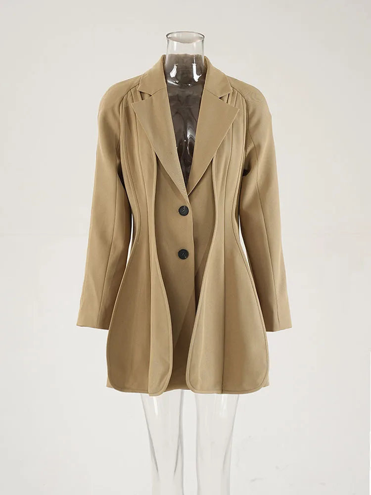 Women Khaki Irregular Spliced Shaped Elegant Blazer New Lapel Long Sleeve Jacket Fashion Tide Spring Autumn 2025 CPDB255