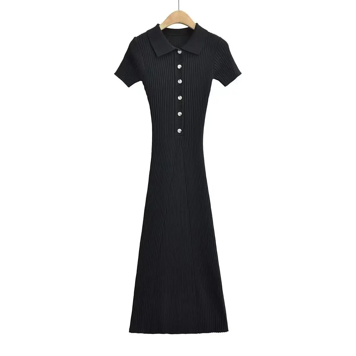 Korean Version Solid Polo Collar Single Breasted Knitted Long Dress Women's Summer Elegant Slim Short Sleeve Wrapped Hip Dresses