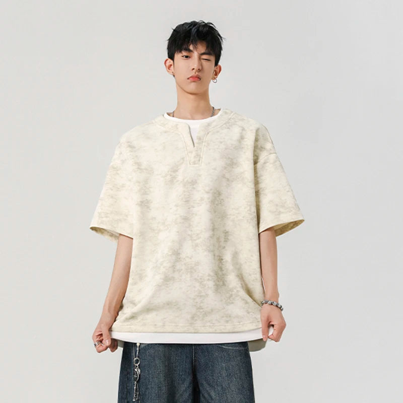 Men's T-shirt Short Sleeve New Summer Tie Dye Design V-neck Fake Two-pieces Sylish Solid Color Trendy Male Clothing 9W1934