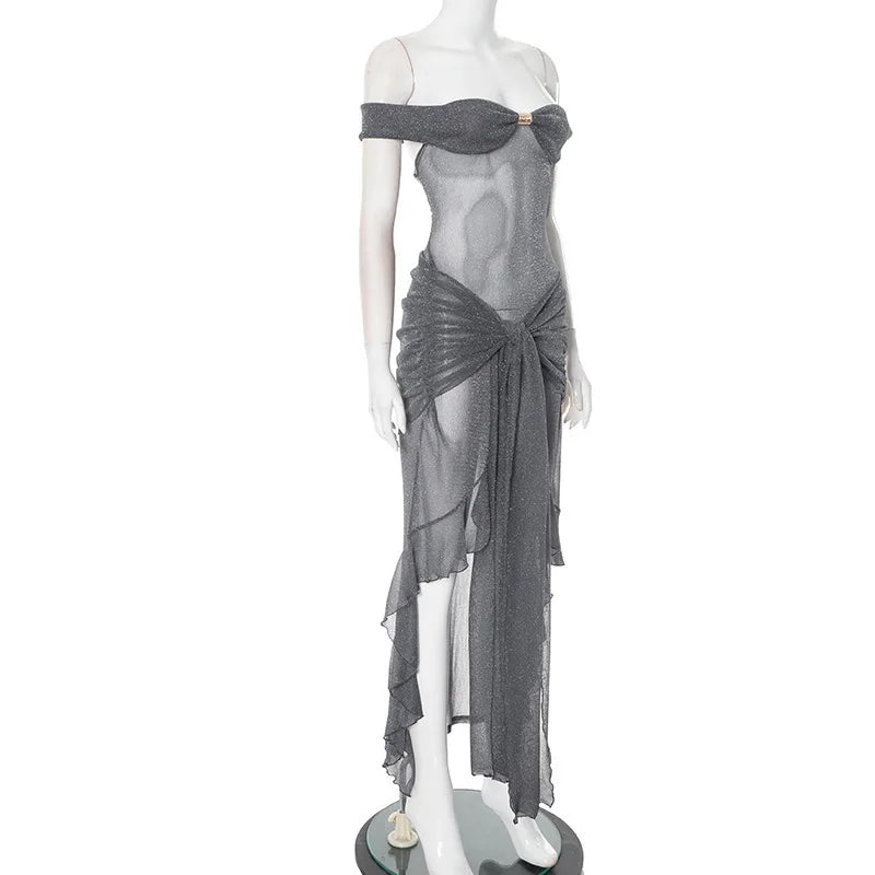 Mesh See Through Ruffled Sexy Maxi Dress For Women Gown Gray Off-shoulder Strapless Backless Ruched Long Dress Vestido