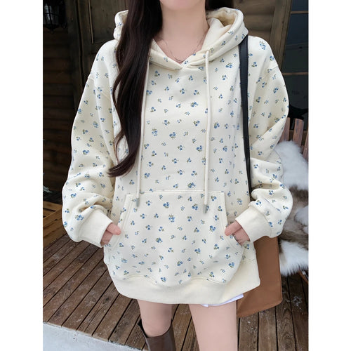 Load image into Gallery viewer, Korean Version Autumn Winter New Beige Print Long Sleeved Cotton Tops Women's Plush Velvet Pocket Hoodie Sweatershirt Thick Chic
