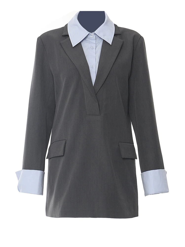 Women Brown Color-block Big Size Elegant Blazer New Lapel Long Sleeve Jacket Fashion Tide Spring Autumn 2025 1DH5932