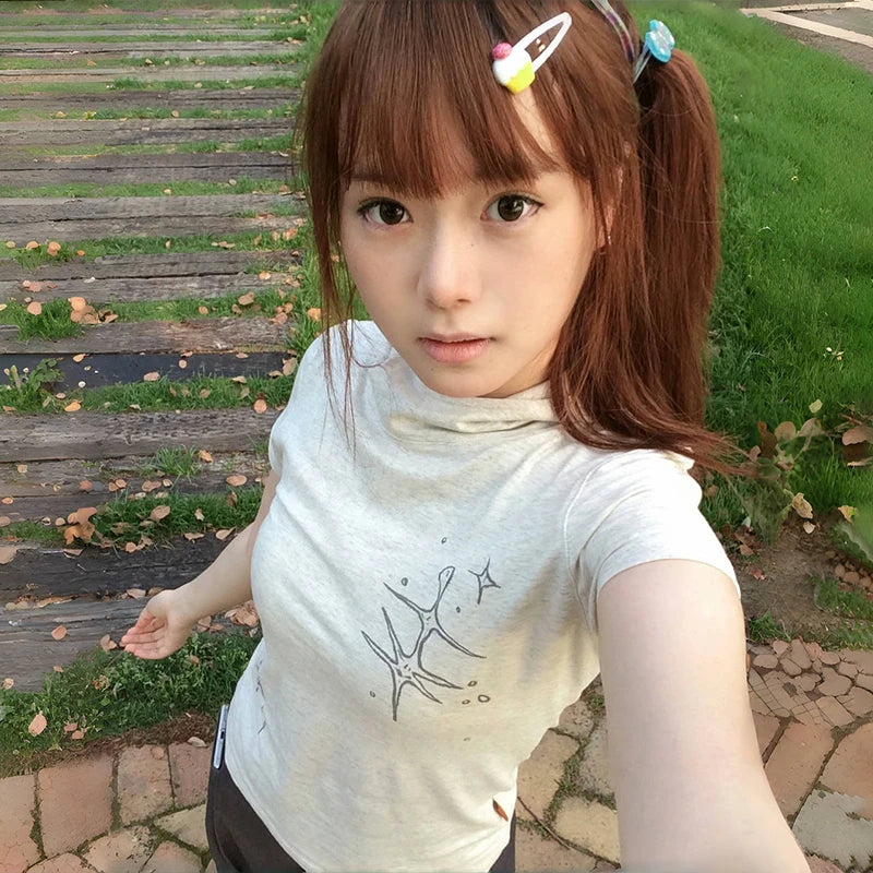 Japanese Y2k Stand Collar T-shirt Trashy 2000s Style Short Sleeve Tee Shirt Vintage Harajuku Streetwear American Retro