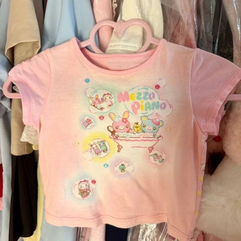 Japanese Kawaii Cartoon Printing Tops Women Harajuku Summer Patchwork Casual Loose T-shirt Y2k Aesthetic Fairy Grunge Cute Tees