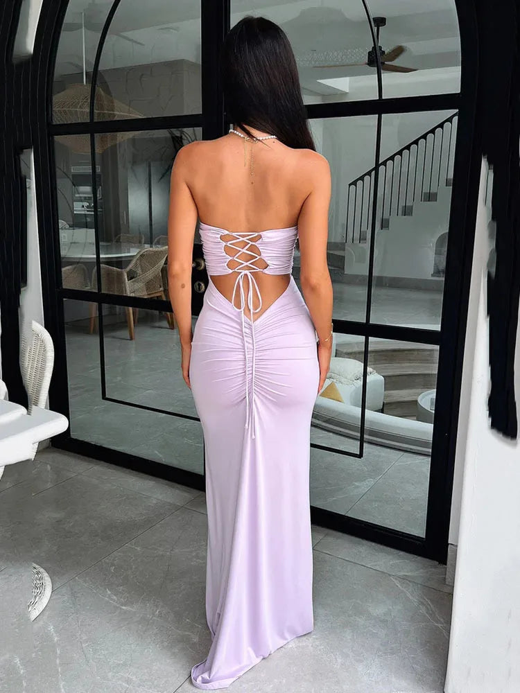 Sexy Sleeveless Bodycon Hollow Out Dress For Women Lace Up Pleats Slim Maxi Female Vestidos Elegant Party Evening Dress