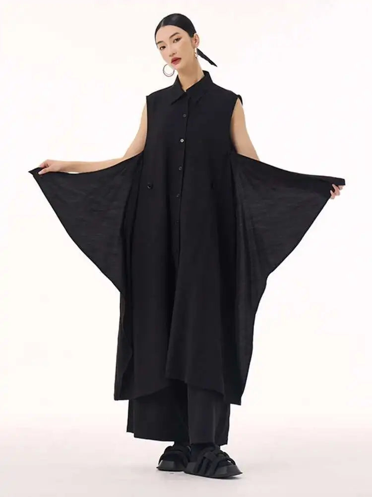 Women Khaki Irregular Spliced Big Size Midi Shirt Dress New Lapel Sleeveless Fashion Tide Spring Summer 2025 1DH9434