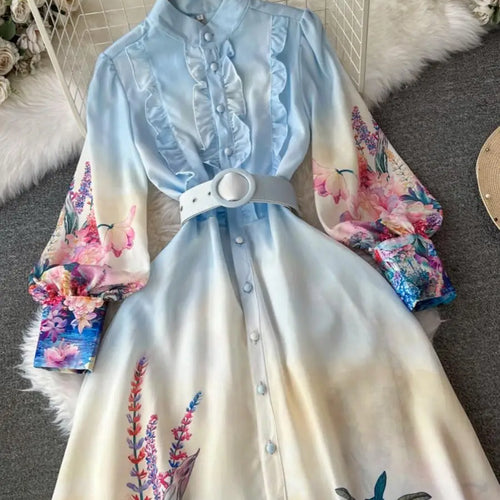 Load image into Gallery viewer, Autumn Retro Fashion Blue Flower Single Breasted Elegant Long Dress Women Stand Neck Long Sleeve Print Boho Evening Party Dress
