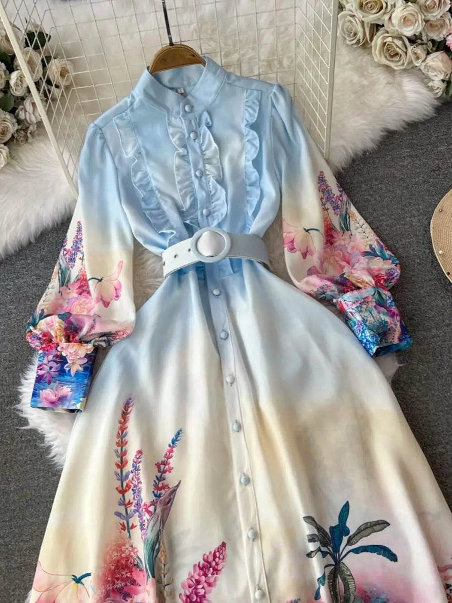 Autumn Retro Fashion Blue Flower Single Breasted Elegant Long Dress Women Stand Neck Long Sleeve Print Boho Evening Party Dress
