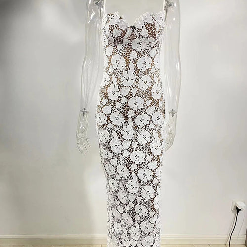 Load image into Gallery viewer, Floral Embroidery Sexy Maxi Dress For Women Fashion Spaghetti Strap Sleeveless Backless Lace-up Club Party Long Dress
