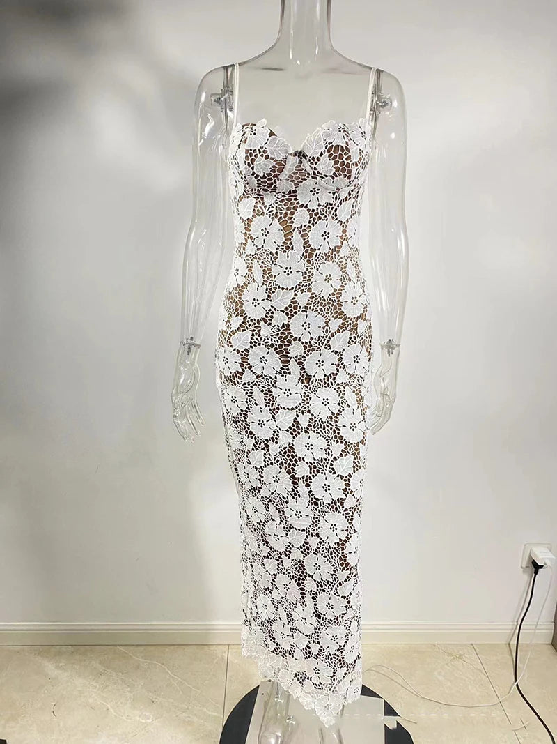 Floral Embroidery Sexy Maxi Dress For Women Fashion Spaghetti Strap Sleeveless Backless Lace-up Club Party Long Dress