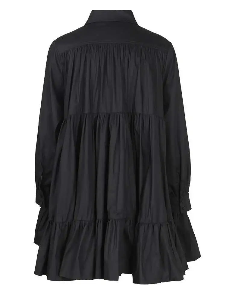 Women Black Pleated Elegant Mini Shirt Dress New Lapel Long Sleeve Loose Fit Fashion Tide Spring Autumn 2025 1DE365901