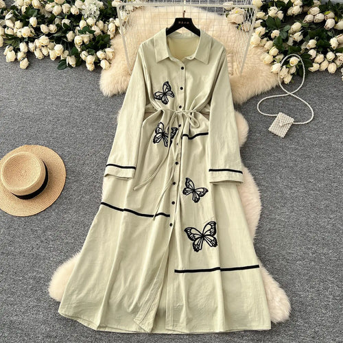 Load image into Gallery viewer, French Women Butterfly Embroidery Elegant Lace-up Shirt Long Dress 2025 Autumn New Retro Long Sleeved Button Holiday Party Dress
