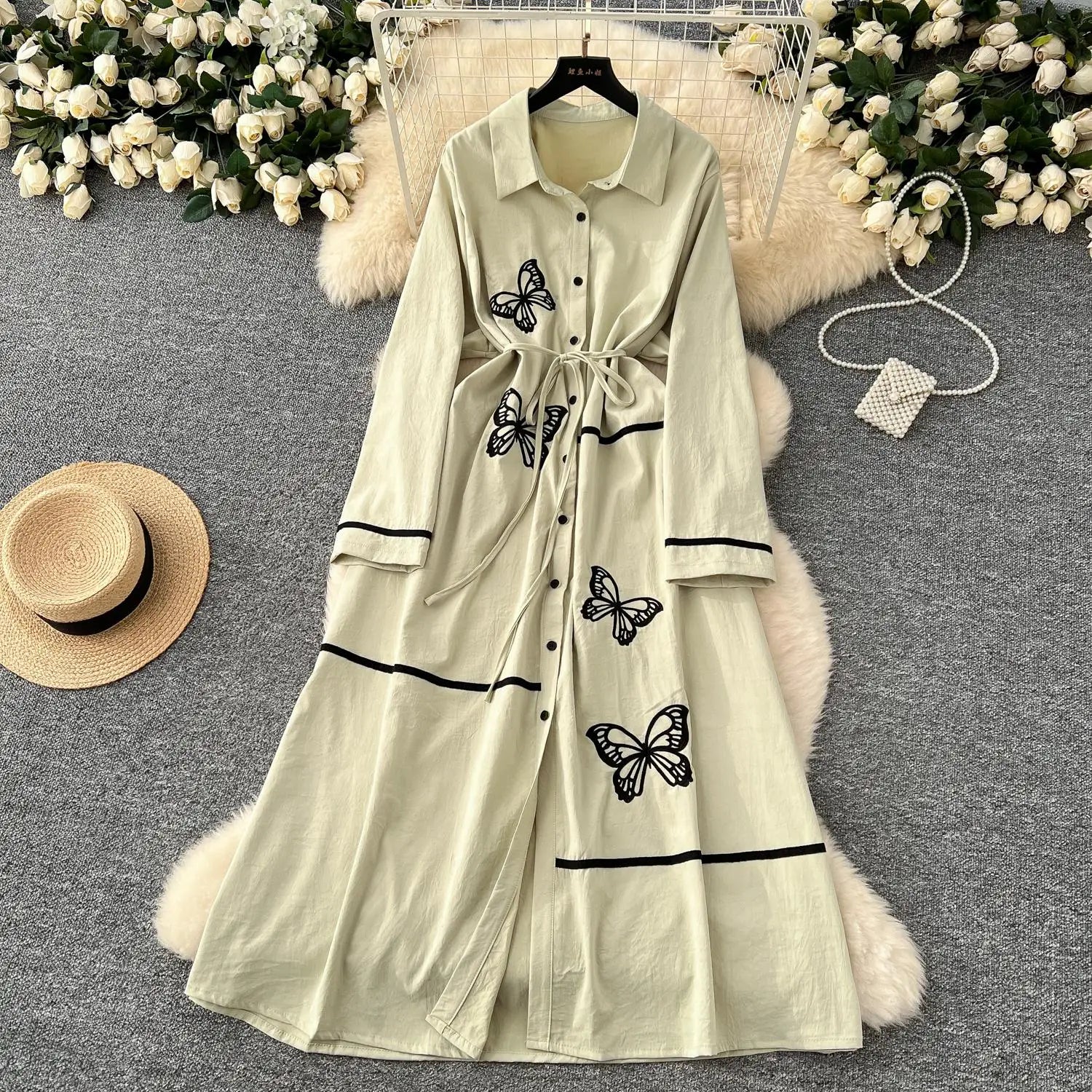 French Women Butterfly Embroidery Elegant Lace-up Shirt Long Dress 2025 Autumn New Retro Long Sleeved Button Holiday Party Dress