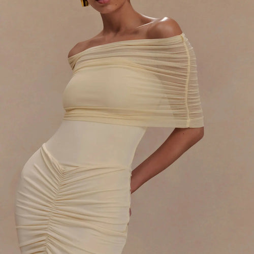 Load image into Gallery viewer, Elegant Off Shoulder Mesh Patchwork Elastic Tight Skirt Women Sexy Sleeveless Ruffle Mini Dress Female Party Dress 2025
