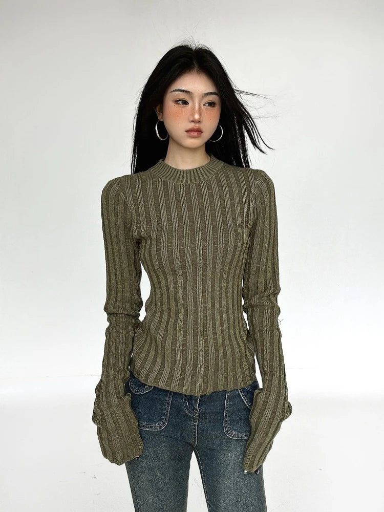 Women Y2k Aesthetic Slim Knitwear Sweet Sweaters 2025 Vintage Solid Streetwear Jumpers Screw Thread Grunge Harajuku Pullovers