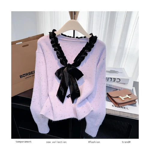 Load image into Gallery viewer, Autumn Winter French Patchwork Elegant V Neck Bow Ruffles Single Breasted Short Sweater Women New Long Sleeved Knitted Tops 2024
