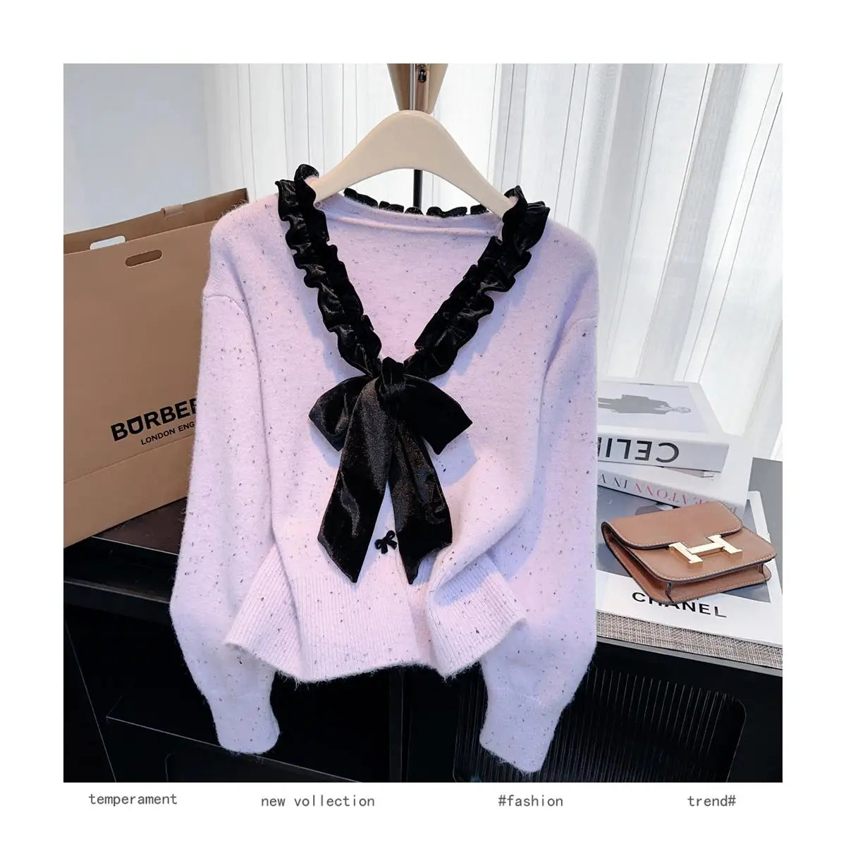Autumn Winter French Patchwork Elegant V Neck Bow Ruffles Single Breasted Short Sweater Women New Long Sleeved Knitted Tops 2024